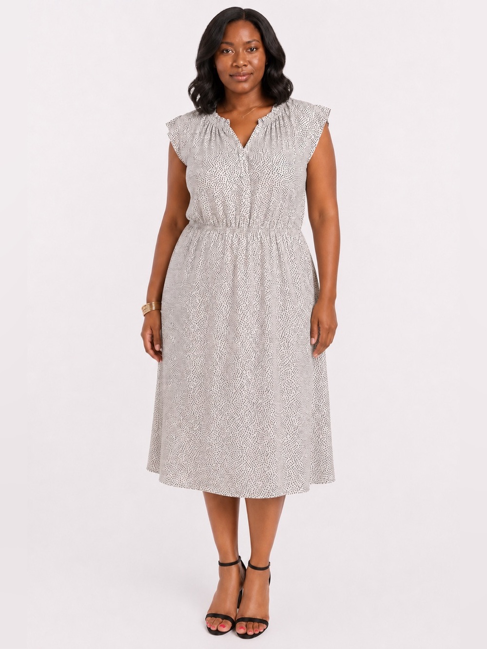 Adrianna Papell Dot Print Midi Retro Flutter Sleeve Dress Black & White Sz XL